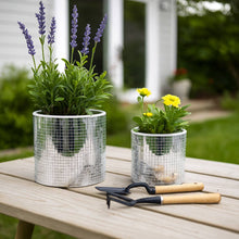 Load image into Gallery viewer, Plant Pot Set of 2 - Silver Ceramic Disco Mirror, 6/7 in.