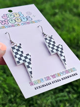 Load image into Gallery viewer, Checkered Flag Acrylic Lightening Bolt Earrings