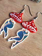 Load image into Gallery viewer, Mushroom Lady Earrings with Red and Irredescent Acrylic
