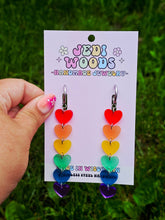 Load image into Gallery viewer, Rainbow Heart Drop Earrings with Gauge Friendly Hardware: Stainless Steel Huggies

