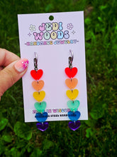 Load image into Gallery viewer, Rainbow Heart Drop Earrings with Gauge Friendly Hardware: Stainless Steel Huggies
