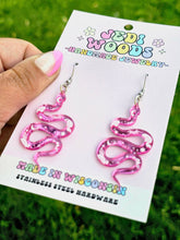 Load image into Gallery viewer, Pink Mirror Witchy Snake Earrings
