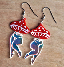 Load image into Gallery viewer, Mushroom Lady Earrings with Red and Irredescent Acrylic
