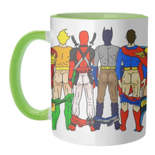 Load image into Gallery viewer, Mugs 'Superhero Butts Circular Round': Mug Colour Inner &amp; Handle 11oz - Black
