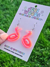 Load image into Gallery viewer, Florescent Pink Flamingo Pool Floatie Earrings
