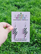 Load image into Gallery viewer, Checkered Flag Acrylic Lightening Bolt Earrings
