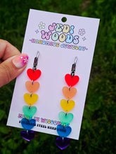 Load image into Gallery viewer, Rainbow Heart Drop Earrings with Gauge Friendly Hardware: Stainless Steel Huggies
