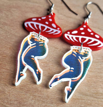 Load image into Gallery viewer, Mushroom Lady Earrings with Red and Irredescent Acrylic
