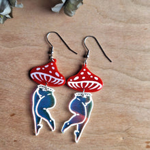 Load image into Gallery viewer, Mushroom Lady Earrings with Red and Irredescent Acrylic

