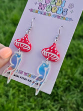 Load image into Gallery viewer, Mushroom Lady Earrings with Red and Irredescent Acrylic
