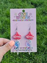 Load image into Gallery viewer, Mushroom Lady Earrings with Red and Irredescent Acrylic
