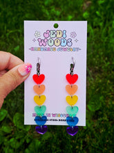 Load image into Gallery viewer, Rainbow Heart Drop Earrings with Gauge Friendly Hardware: Stainless Steel Huggies
