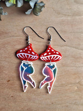 Load image into Gallery viewer, Mushroom Lady Earrings with Red and Irredescent Acrylic
