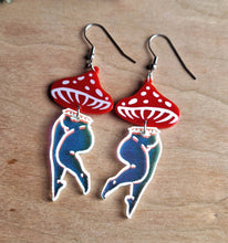 Load image into Gallery viewer, Mushroom Lady Earrings with Red and Irredescent Acrylic

