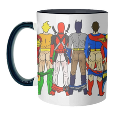Load image into Gallery viewer, Mugs 'Superhero Butts Circular Round': Mug Colour Inner &amp; Handle 11oz - Black
