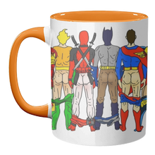 Load image into Gallery viewer, Mugs 'Superhero Butts Circular Round': Mug Colour Inner &amp; Handle 11oz - Black
