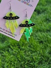 Load image into Gallery viewer, Green and Black Alien Invasion Spaceship Earrings
