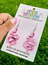 Load image into Gallery viewer, Pink Mirror Witchy Snake Earrings
