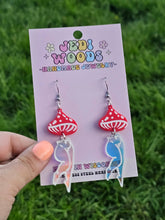 Load image into Gallery viewer, Mushroom Lady Earrings with Red and Irredescent Acrylic
