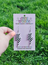 Load image into Gallery viewer, Checkered Flag Acrylic Lightening Bolt Earrings
