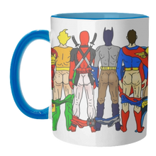 Load image into Gallery viewer, Mugs 'Superhero Butts Circular Round': Mug Colour Inner &amp; Handle 11oz - Black
